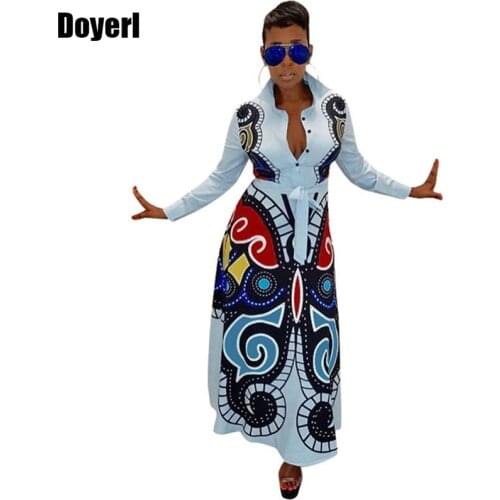 Plus Size Women Maxi Dress Long Sleeve Vintage Print Dashiki African Dresses for Ladies Button Down Elegant Shirt Long Dress