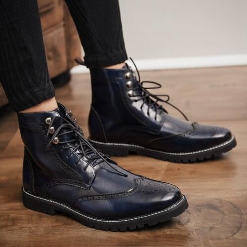 2020 Autumn Genuine Leather Men Boots Big Size 38-48 Vintage Brogue Mens Shoes Casual Fashion Lace-up Warm Boots For Man Blue