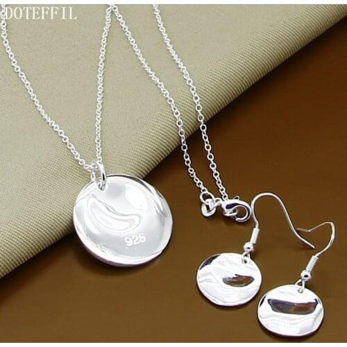 DOTEFFIL 925 Sterling Silver Smooth Concave Round Necklace Earring Set For Woman Wedding Engagement Party Fashion Charm Jewelry