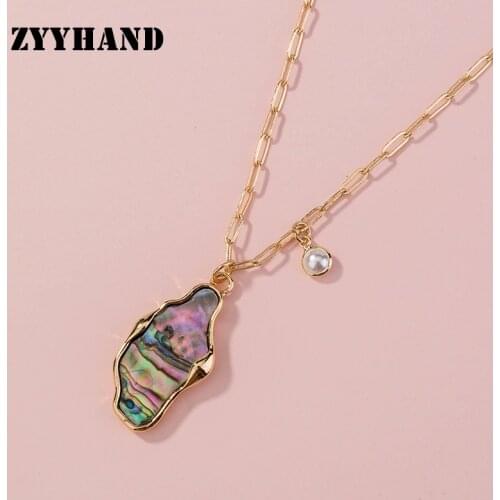 Natural Abalone Shelll Women Pendant Necklace Irregular Golden Color Cross Chain Pearl Charm Birth Stone Lady Romantic Jewelry