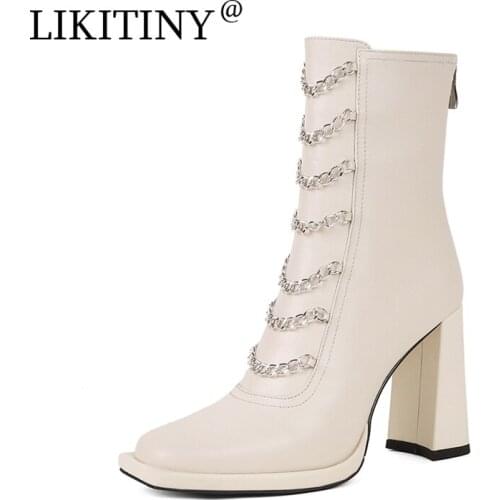 NEW LIKITINY 2021 Spring Autumn Womens shoes Sexy Elegant Genuine Leather Square Head Chunky Heels Back Zipper Short Boots 40