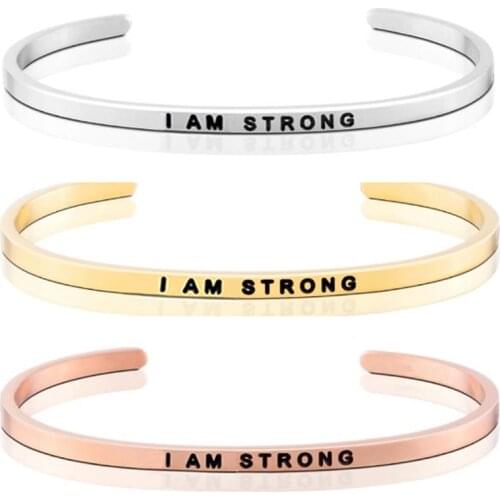 Newest Mantra Bracelet I am Strong 4MM Bar Stainlless Steel Bangle Open Cuff Inspirational Jewelry Gift