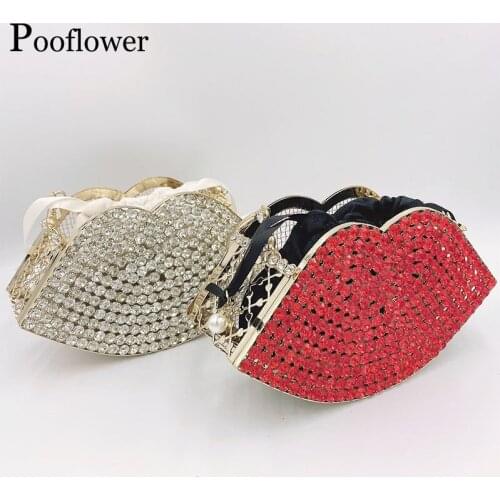 Pooflower Vintage Lips Handmade Diamond Clutch Purse for Women Evening Bag Hollow Out Crystal Wedding Party Handbags ZH272