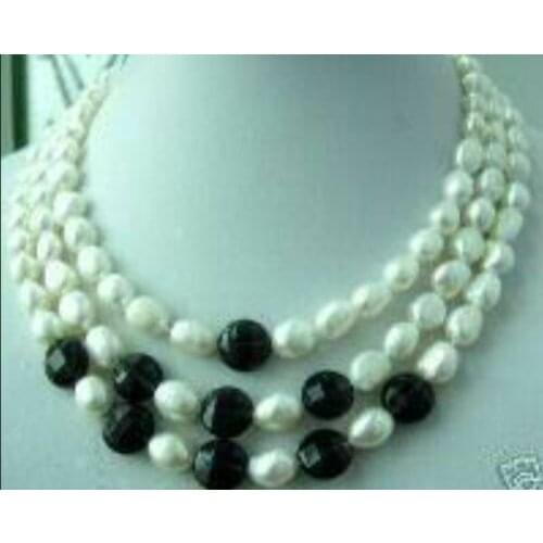 Stunning 3rows white pearl and black onyx necklace 18"-20"