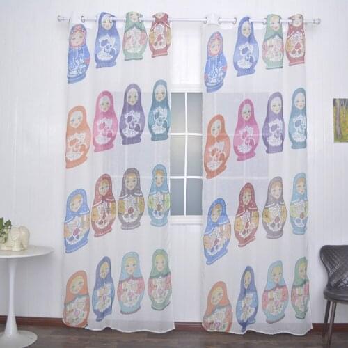 FMH Sheer Curtain Panels for Living room Bedroom French Window Faux Linen Tulle Printed Matryoshka with Tiebacks Free