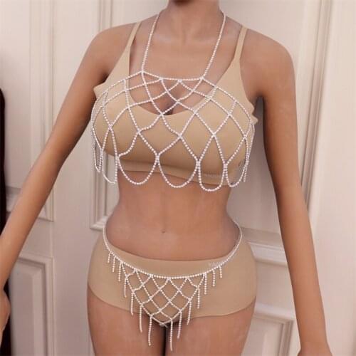 Luxury Crytal New Tassel Bikini Body Chain Harness for Women Sexy Lingerie Chain Bling Rhinestone Bra and Thong Set Jewelry