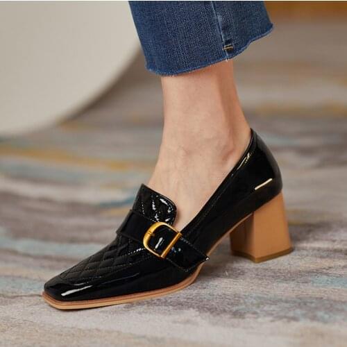 Genuine Patent Leather Women Shoes Slip-On Retro Belt Buckle Shoes Thick Heel Fashion Spring and Autumn Pumps Size 34-40