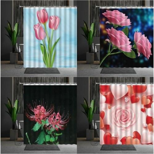 Spring Scenery Flower Butterfly Shower Curtains Rose Tulip Higan Flower Bath Curtain Fabric Screen Bathroom Decor Multiple Size
