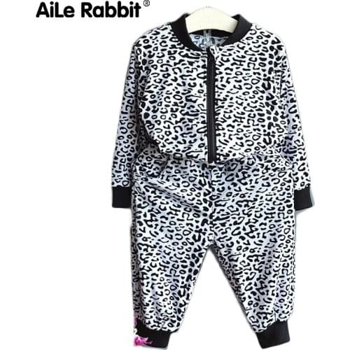 Spring In 2019 European Childrens Clothing Female Black Leopard Print Girls Suit Zipper Shirt Long Sleeve Leisure Sports Suit