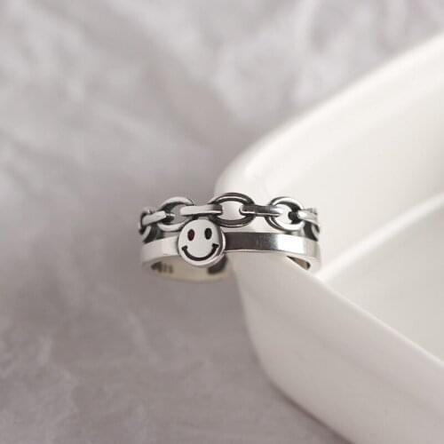 Vintage smiley chain double ring S925 sterling silver personalized index finger ring for women Open ring