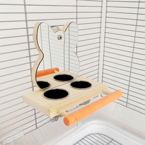 Parrot Mirror Play Stand Toys Birds Toy Wooden Platform Food Container Perch Playgym with Stainless Steel Feeder Cups Bowls C42