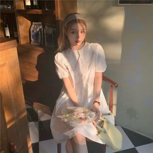 Womens White Gentle Doll Collar Lace Short-sleeved A-line Skirt Womens Summer New High-waist Dress