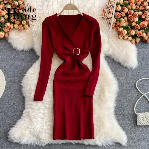 HangCode Office Dress Women Solid Bodycon Long Sleeve Autumn Short Dresses V-neck Knot Knitting Work Elegant High Waist Vestidos