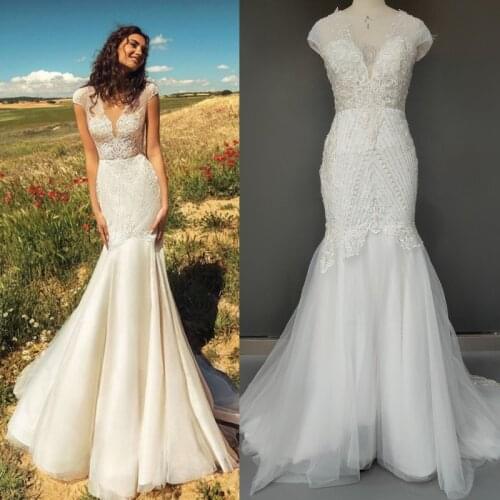 Fanweimei Mermaid Wedding Dress Cap Sleeves Beading Lace Appliques Bridal Gowns Sexy Illusion Back Brides Dress Custom Made