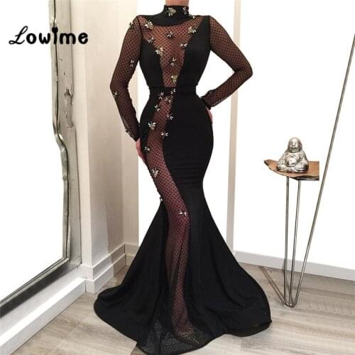 Hot Sexy Illusion Black Evening Dresses Mermaid Arabic Long Sleeves Party Gowns With Beaded 2019 Robe De Soiree Dubai Turkish