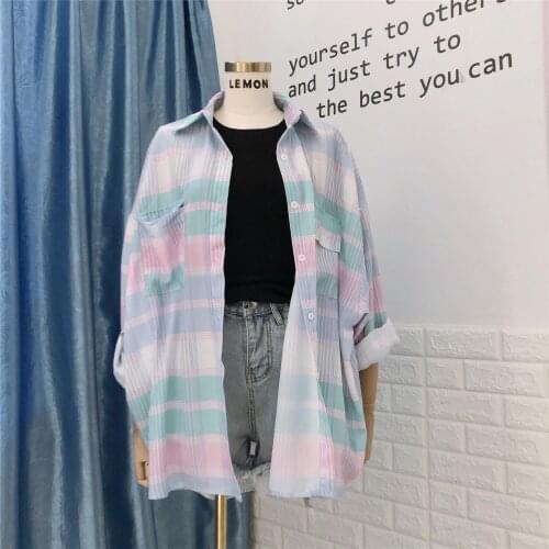 Blouse Women Shirt Plaid Women Chiffon Top 2021 Summer Pink Sun Protection Long Sleeve Coat Blusas Mujer De Moda