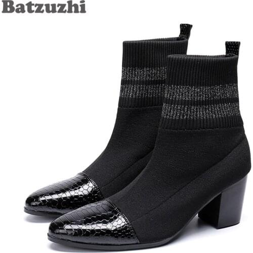 Batzuzhi Italian Type Boots Men Pointed Toe Black Fashion Short Boots for Men 7cm High Heels Party, Motorcycle boots Men Botas