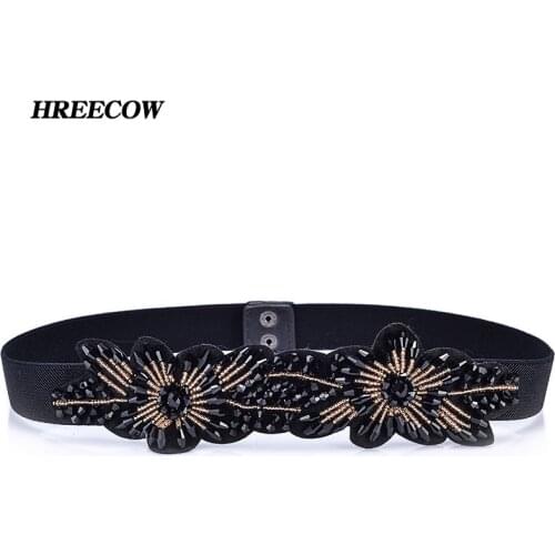 Hot Fashion Flower Design woven elastic Artificial crystal wide belt lady fashion Cummerbunds Female belts girdle for women