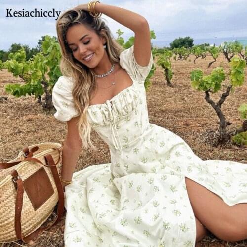 Kesiachiccly Casual Print Square Neck Puff Sleeve Summer Dress Women Vintage Fashion Maxi Dress Outfit Ladies Sundress Vestidos
