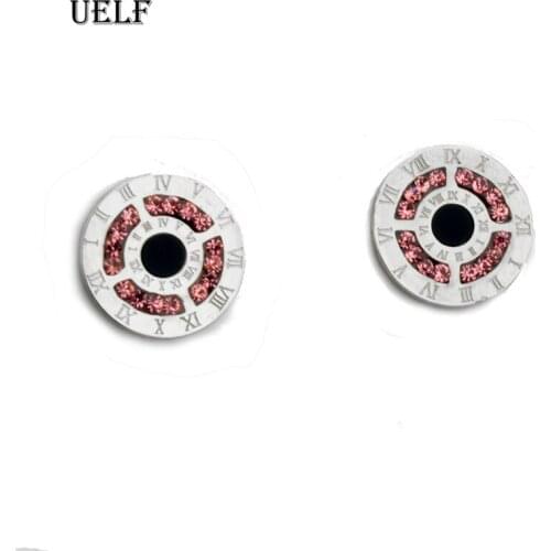 Uelf Top Brand Pink Color Roman Numerals Zircon Stud Earring for Woman 316L Stainless Steel Fashion Jewelry Never Fade