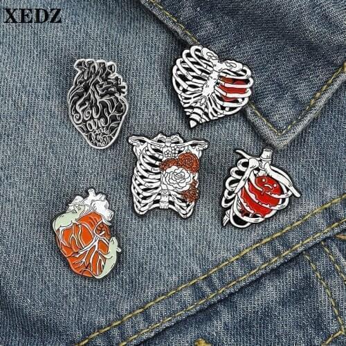 XEDZ Gothic Jewelry Skull Brooches Black Heart Flowers Chest Cavity Bone Human Organ Red Heart Medical Research Badge Lapel Pins