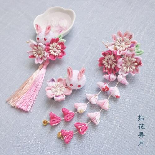 Japanese Cute Sakura Rabbit Tsumami zaiku Kanzashi Hairpin Tassel Hair Clip Geisha Kimono Yukata Handwork Hair Clip Headwear
