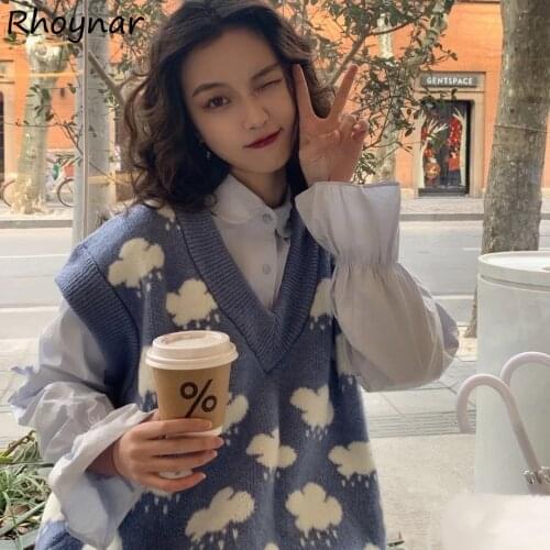 Sweater Vest Women Fashion Clouds-print New Blue Knitting Loose Student Warm Cozy College Sweet Vintage Harajuku Popular Classic