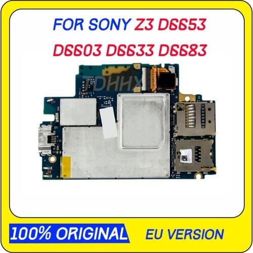 100% Original unlocked for Sony Xperia Z3 D6603 Motherboard,16gb for Sony Z3 D6653 D6633 D6683 Logic Board with Android System