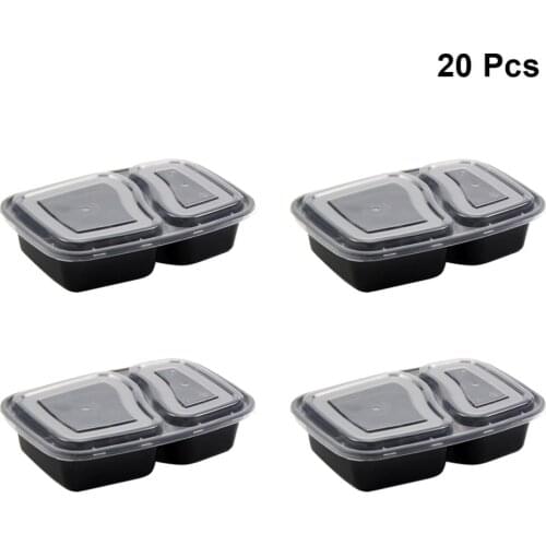 20pcs 1000ml Disposable Meal Prep Containers 2-Compartment Food Storage Box Microwave Safe Lunch Boxes (Black, With Lid)