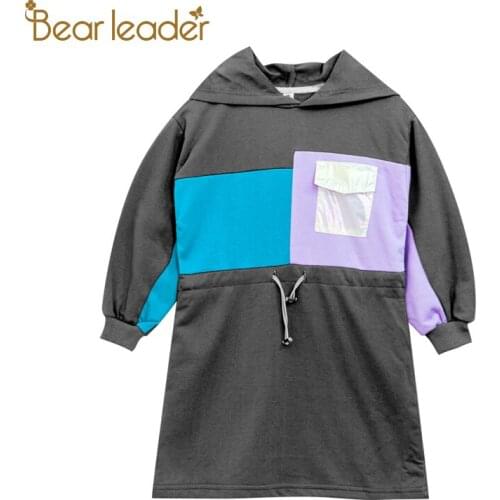 Bear Leader Girls Dresses 2021 Autumn Brand New Fashion Children Clothes Hooded Patchwork Casual Dress 4-15 Years Teenager Girls