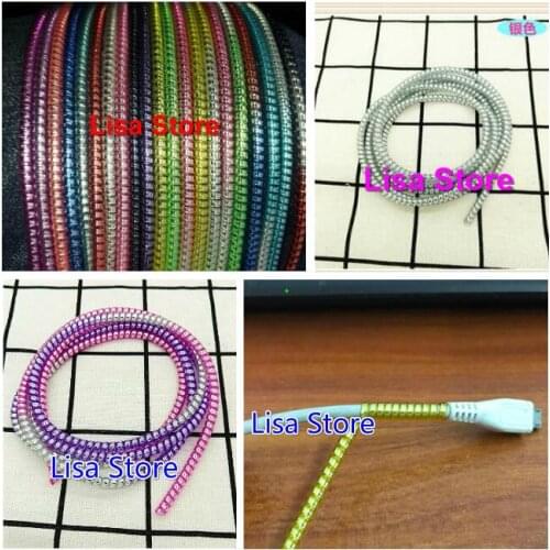 Free DHL 100pcs Plating Sequins 15 colors 140cm Spiral Cord Protectors for iPhone Samsung Phone Tablet Charger Earphone Cables