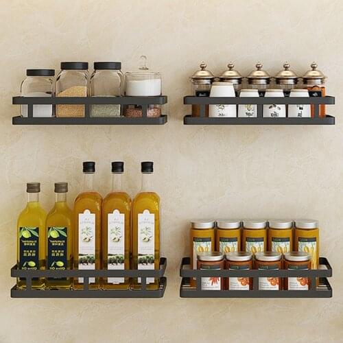 Black Wall Shelves for Kitchen 20-50cm Bracket Storage Rack Spice Jar Rack Cabinet Shelf SUS304 Kitchen Storage Accessories