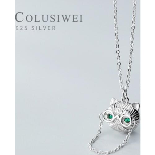 COLUSIWEI Authentic 925 Sterling Silver Cute Cat Green Eyes Pendant Necklace for Women Silver Link Chain Necklace Fine Jewelry