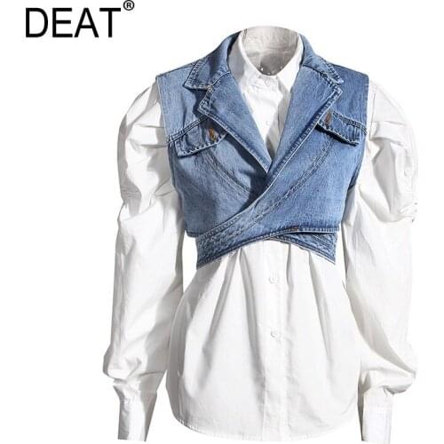 DEAT Womwn 2021 New Arrivals Autumn Fashion Temperament Denim Vest White Cotton Shirt Two Pieces Single Breasted Top 1Z595