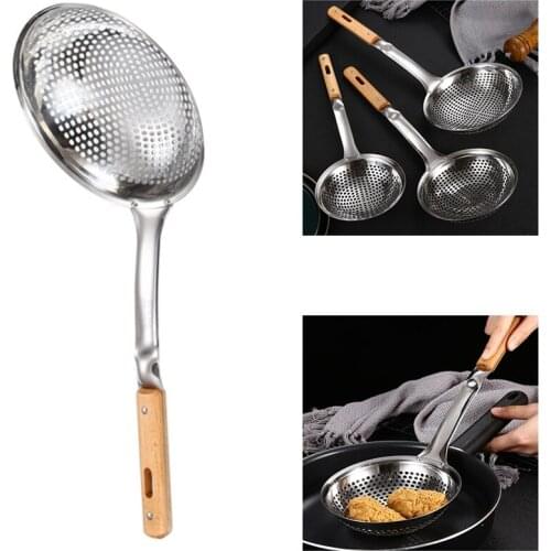 Wooden Handle Stainless Steel Colander Strainer Noodle Cooking Spatula Pasta Oil Spoon Strainer Kitchen Tool