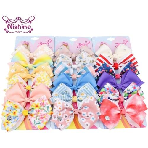 Nishine 6pcs/lot 4.5 Inches Colorful Print Bowknot Toddler Hair Clips Cute Flower Pattern Dovetail Bows Baby Hairpin Photo Props