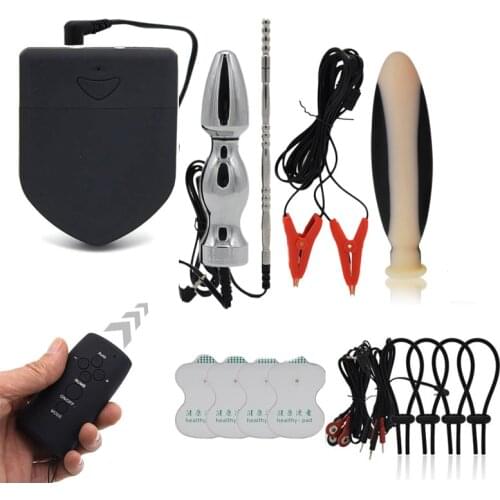 Electro Shock Metal Silicone Anal Plug Penis Plug Cock Rings Massage Pad Nipple Clamps Medical Themed Electric Stimulate Sex Toy