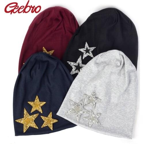 Geebro Women Slouchy Fashion Beanies Rhinestones Shining Star Soft Cotton Solid Color Womens Girls Hat Bonnet Femme Cap