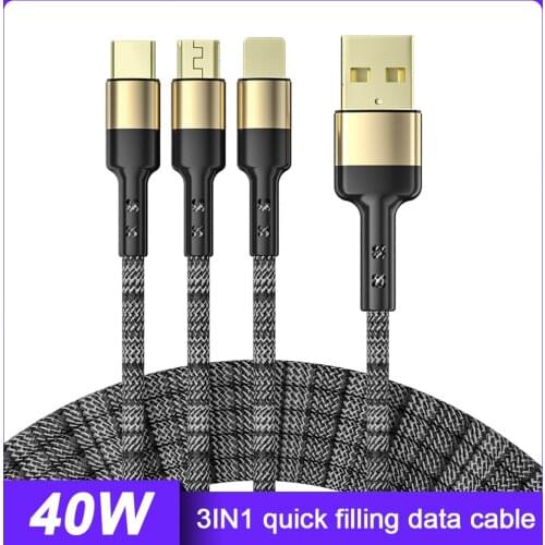 3IN1 5A Fast Charging Data Cord Nylon Cable Micro USB Type C Phone Charger Wire For iPhone Samsung Huawei Xiaomi 2M 1.25M Cable