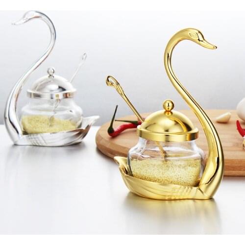 Creative Swan Aluminum Condiment Pot Set Seasoning Container alloy Spice Glass Jar Salt Sugar Bowl Pepper Coffee Organizer