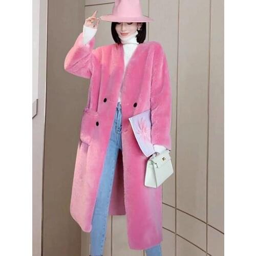Korean Simple Elegant Female Jacket Autumn Winter 100% Genuine Wool Fur Coat Long Warm Womens Coats Vetement Femme Zjt1930