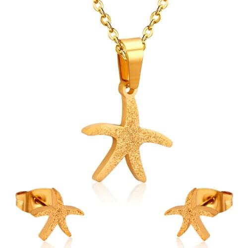 LUXUKISSKIDS Jewelry set Scrub Sea Star Pendant Necklace Small Stud Earrings Gold / Steel Jewelry Sets For Women Girl Gift