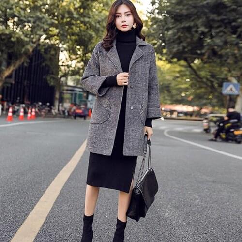 Fashion Women Woolen Coat Female Long Section Korean Version 2020 New Autumn And Winter Wear Small Tartan Woolen Coat Tide Z752