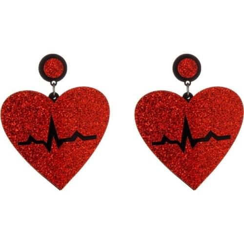 Fashion Red Glittery Heartbeat ECG Acrylic Earrings For Women Romantic Electrocardiogram Love Drop Earrings Gift