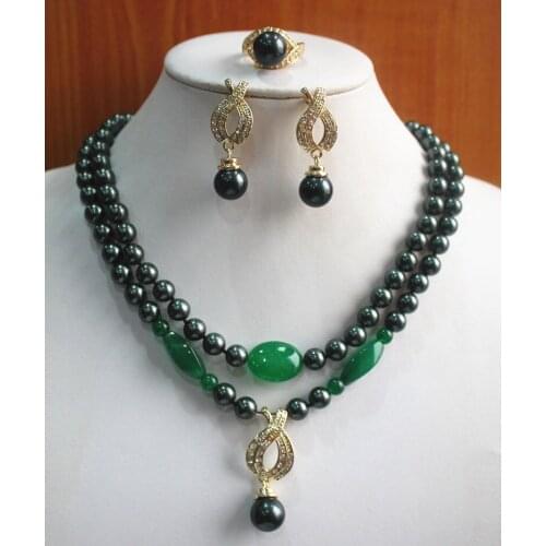 Fashion 8mm 2 Rows Black Shell Pearl Necklace Earring Ring Jewelry Set >>- watch wholesale Quartz stone CZ crystal