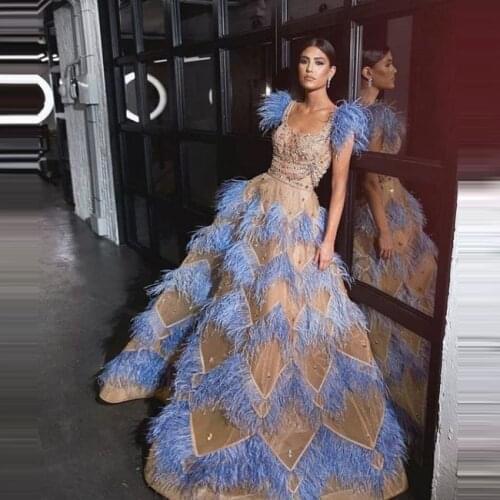 New Chic Champagne Evening Dresses High End A-line With Blue Feathers Formal Dubai Plus Size Party Long Gowns
