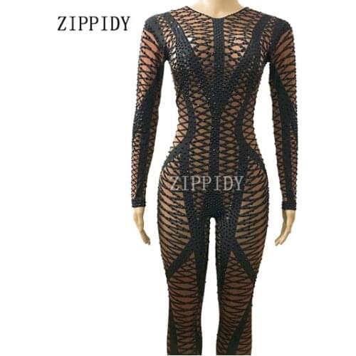 Skinny Black Rhinestones Dark Skin Color Jumpsuit Female Singer Dancer Costume One-piece Bodysuit Nightclub Oufit Party Leggings