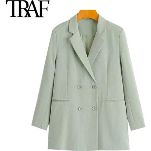TRAF Women Fashion Office Wear Double Breasted Blazer Coat Vintage Long Sleeve Pockets Female Outerwear Chic Tops