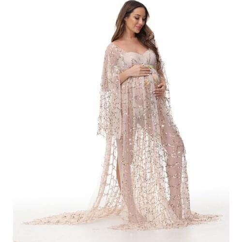 Boho Maternity Photography Dress Sides Slit Sequined Pregnant Woman Photo Shooting Long Dresses See Through