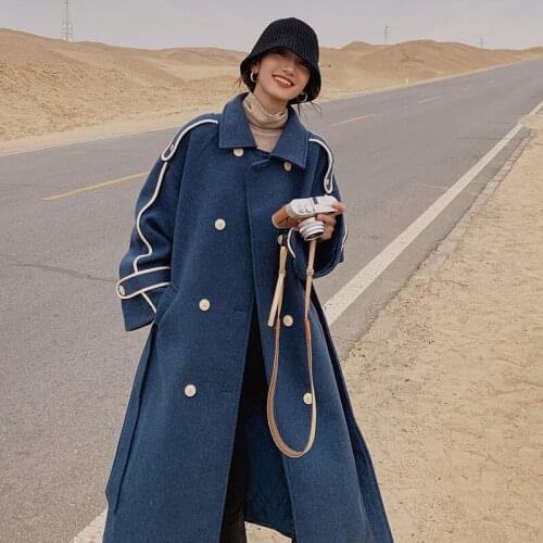Woolen Wool Long Style Coat Female Haze Blue 2021 Winter New Korean Loose High Quality Over The Knee Plus Cotton Women Jacket